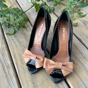 Prada Women's Black and Tan Peep-Toe Heels